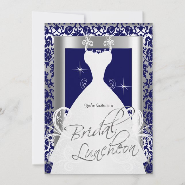 Invitation Déjeuner nuptial en bleu marine Damas et argent (Devant)