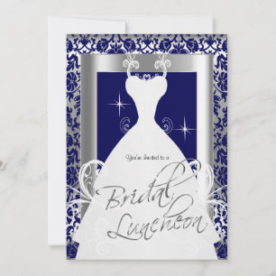Invitation Déjeuner nuptial en bleu marine Damas et argent