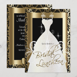 Invitation Déjeuner nuptial en Damas noires et or métallique