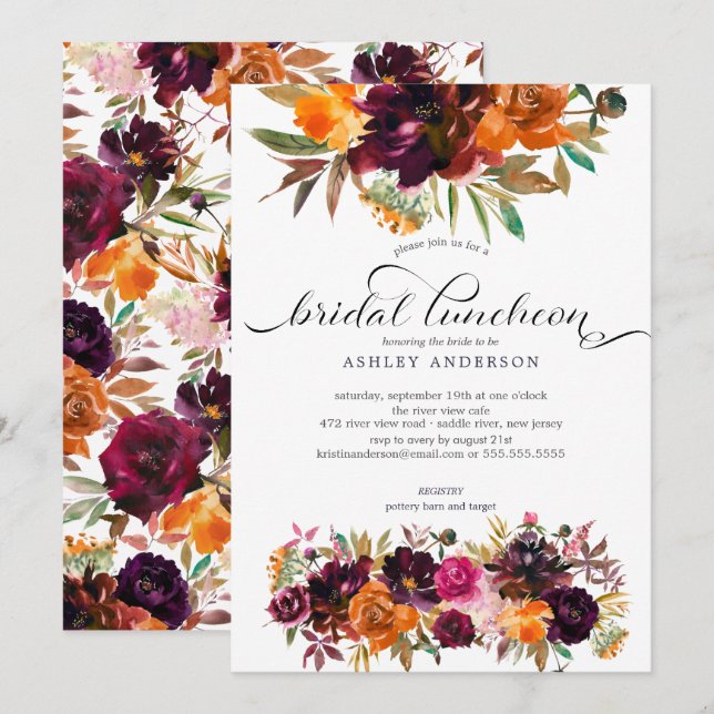 Invitation Déjeuner nuptial floral de Bourgogne et d'Orange (Devant / Derrière)