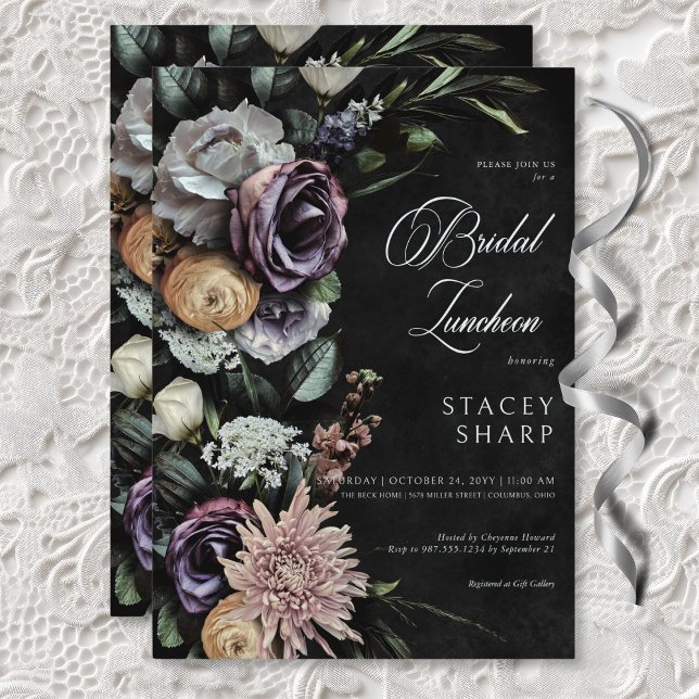 Invitation Déjeuner nuptial gothique foncé mystérieux et flor (Dark Gothic Mysterious Muted Floral Bridal Lunch Invitation)