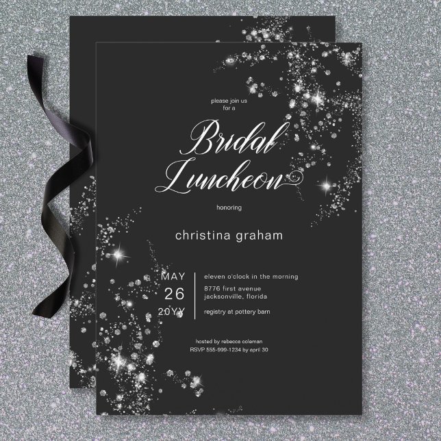 Invitation Déjeuner nuptial moderne noir et blanc de diamants (Modern Black & White Glam Diamonds Bridal Luncheon Invitation)