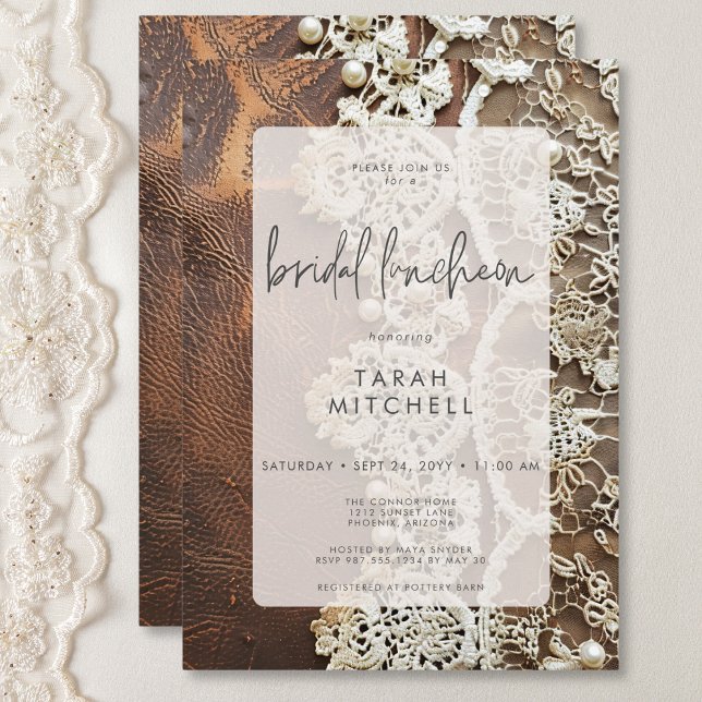 Invitation Déjeuner nuptial rustique en cuir et dentelle nupt (Rustic Leather & Bridal Lace Bridal Luncheon Invitation)