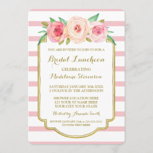 Invitation Déjeuner nuptiale floral de rayures de rose rose
