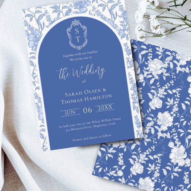 Invitation Delft Blue Floral Chinoiserie Monogram Wedding (Créateur téléchargé)