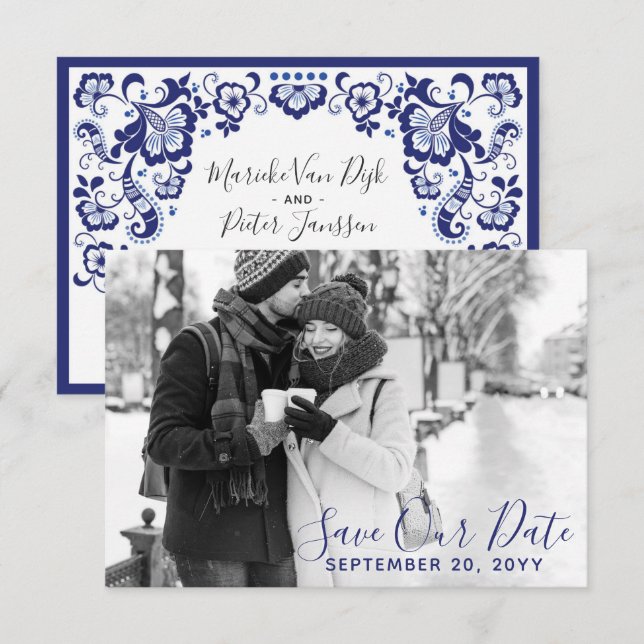 Invitation Delfts Blauw | Photo de sauvegarde de date Delft B (Devant / Derrière)
