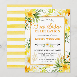Invitation Délia en aquarelle & Fleurs Jaunes Sweet 16