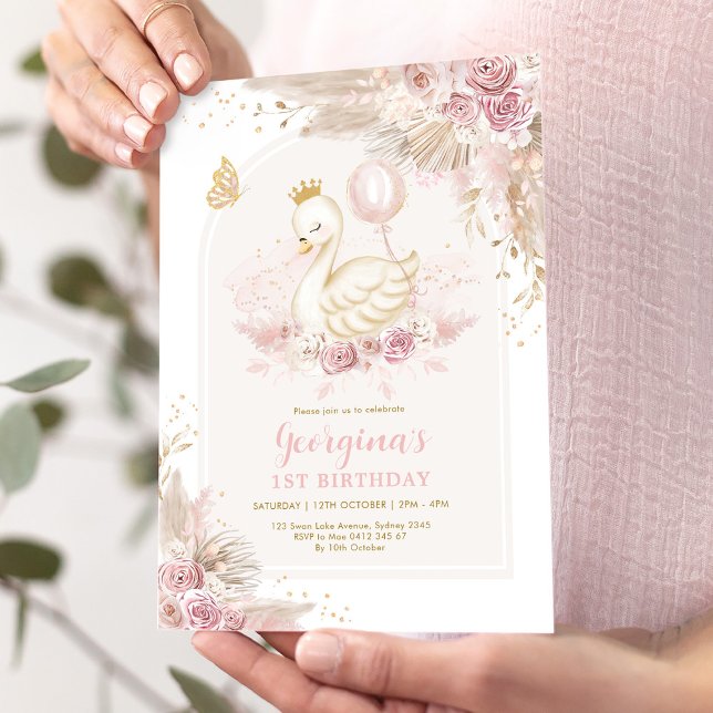 Invitation Délicat Blush Boho Swan Princess Girl Anniversaire (Créateur téléchargé)