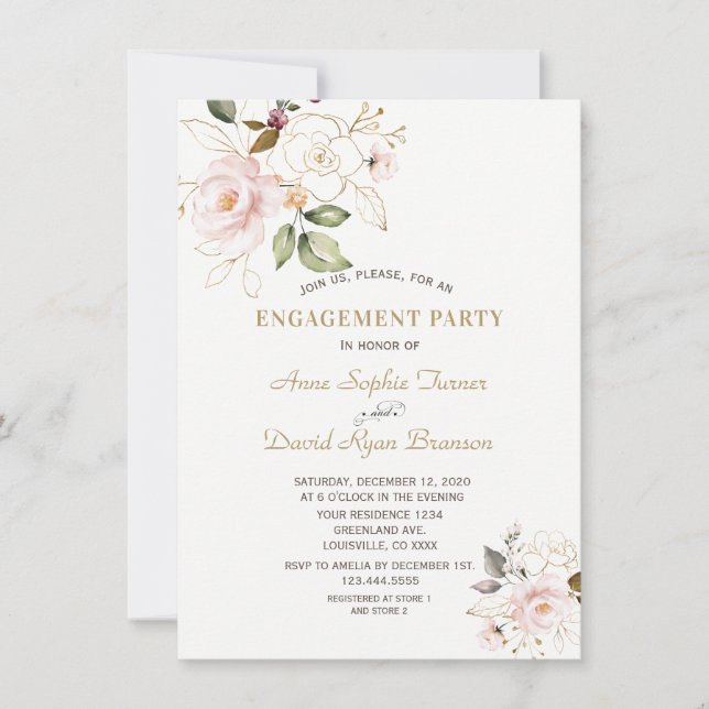 Invitation Délicat Blush Gold Flowers Monogram Fiançailles (Devant)