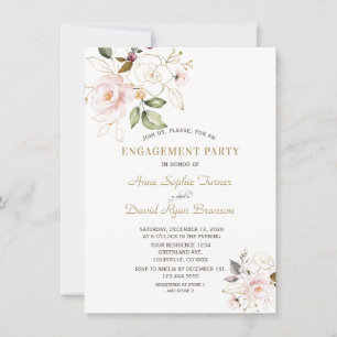 Invitation Délicat Blush Gold Flowers Monogram Fiançailles