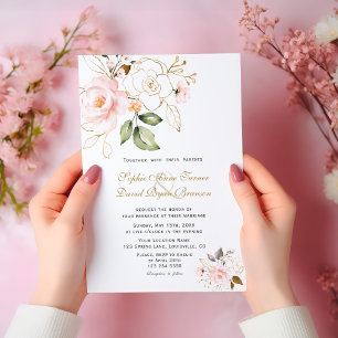 Invitation Délicat Blush Gold Flowers Monogram Mariage