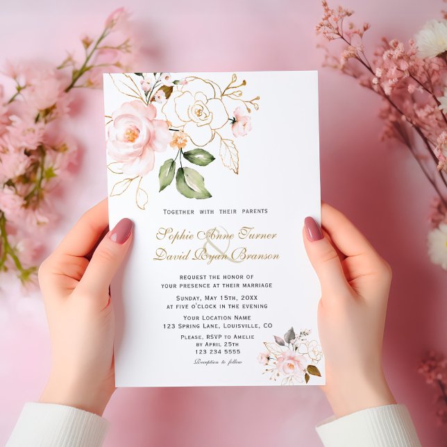 Invitation Délicat Blush Gold Flowers Monogram Mariage (Créateur téléchargé)