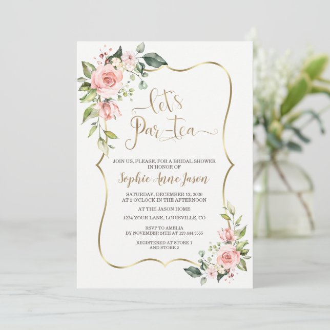 Invitation Délicat Blush Rose Floral Tea Party (Debout devant)