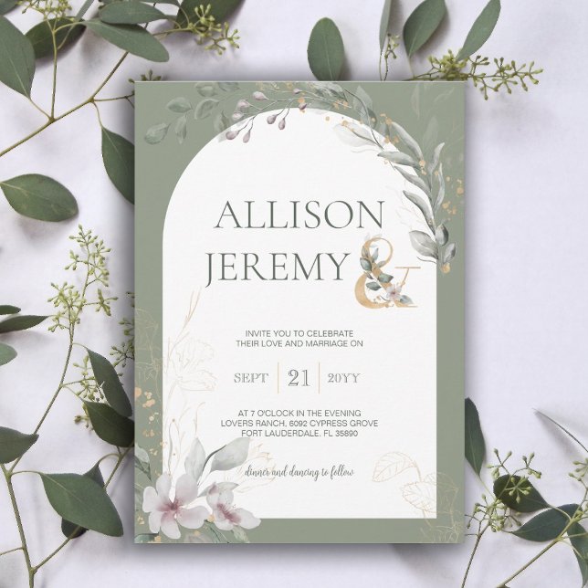 Invitation Délicat Botanique Sage Green Arch Wedding Invitati (botanical sage green gold arch wedding invite)