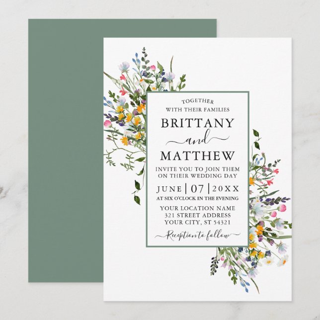 Invitation Délicat Fleur sauvage Aquarelle Mariage Sage Green (Devant / Derrière)