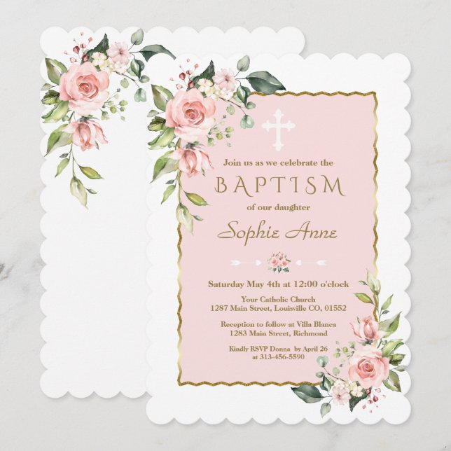 Invitation Délicat Fleurs Roses Blancs Croix Or Baptême (Devant / Derrière)