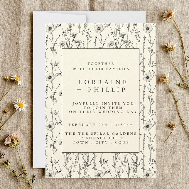 Invitation Délicat fleurs sauvages sans couture motif mariage (Delicate wild flowers seamless pattern wedding invitation.)