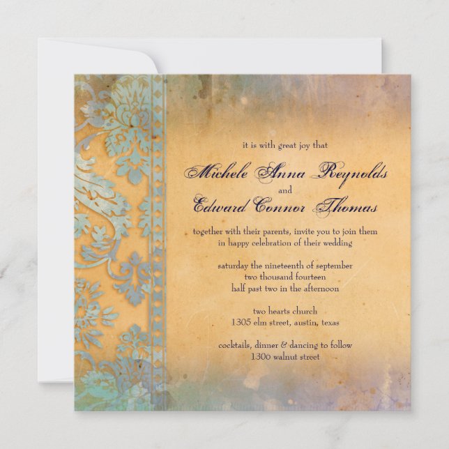 Invitation Délicat Mariage de dentelle bleu Grunge Damask (Devant)