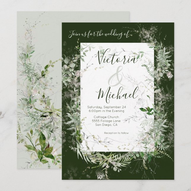 Invitation Délicat Mariage de verdure fleurie (Devant / Derrière)