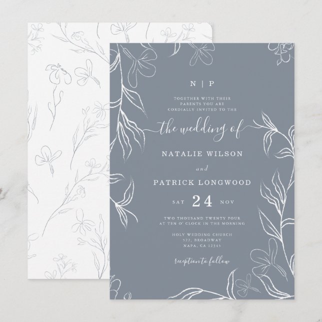 Invitation Délicat Mariage Floral Dusty (Devant / Derrière)
