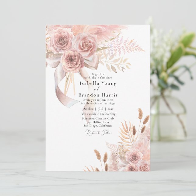 Invitation Délicat Mariage floral rose bohème (Debout devant)