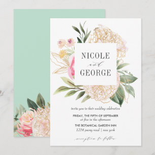 Invitation Délicat Peony Gold Typographie Aquarelle mariage