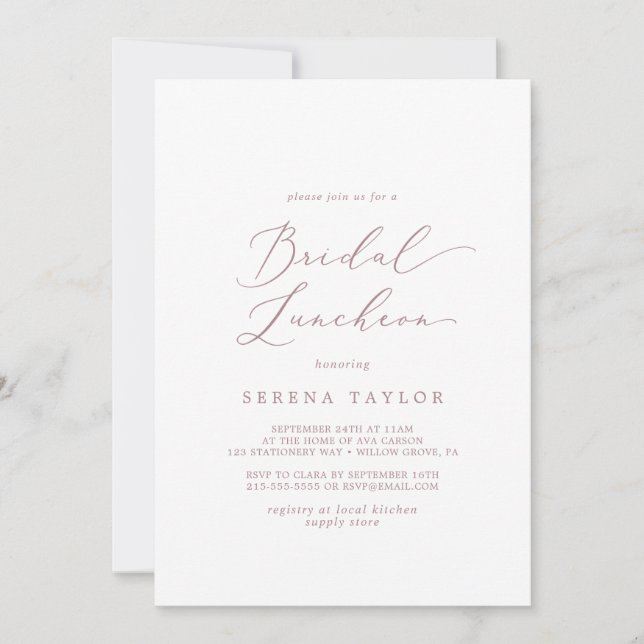 Invitation Délicat Rose Gold Calligraphie Bridal Déjeuner (Devant)