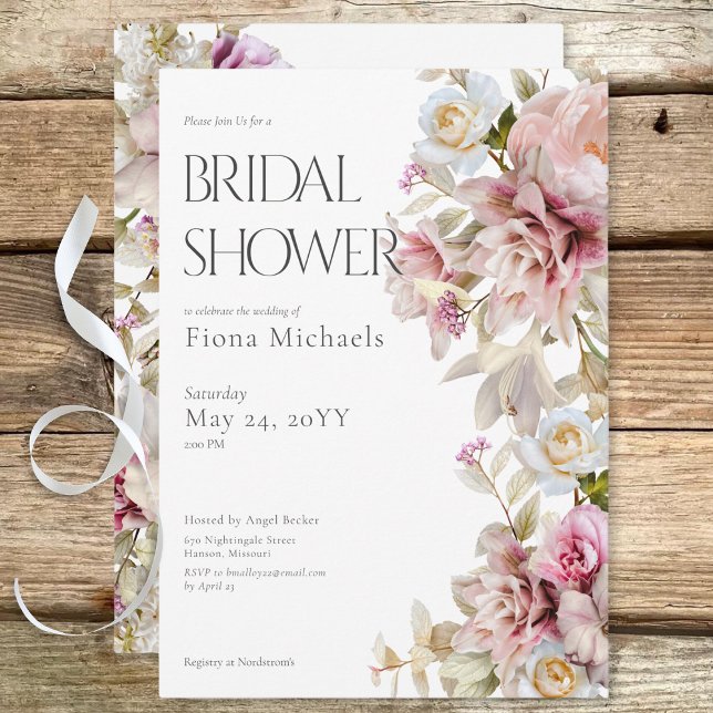 Invitation Délicat Rose rose moderne & Fête des mariées Lily (Delicate Modern Pink Rose & Lily Bridal Shower Invitation)