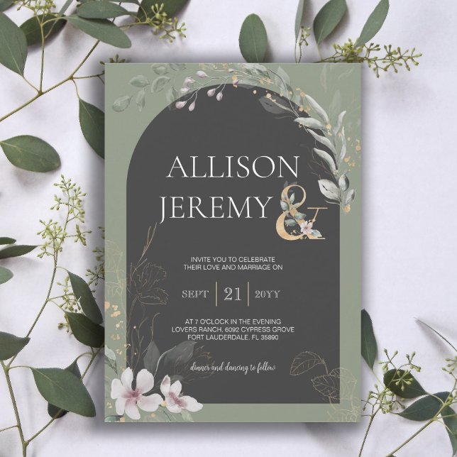 Invitation Délicat SageGreen Botanical Mariage Floral Inviter (Delicate Botanical Greenery Sage Green Charcoal Arch Wedding Invitation)