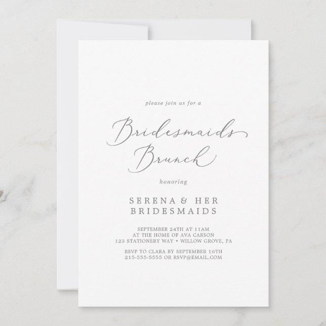 Invitation Délicat Silver Calligraphy Bridesmaids Brunch (Devant)