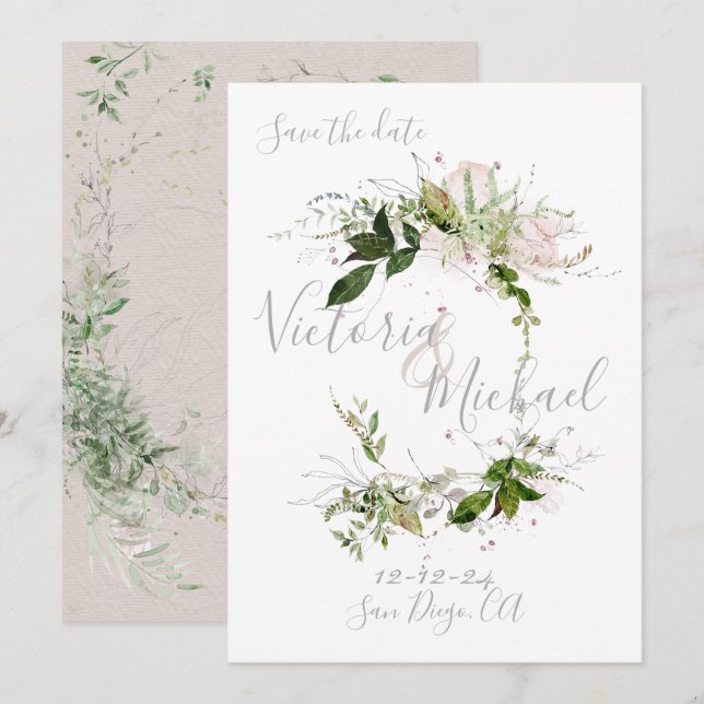 Invitation Délicat vert floral Enregistrer la date (Devant / Derrière)