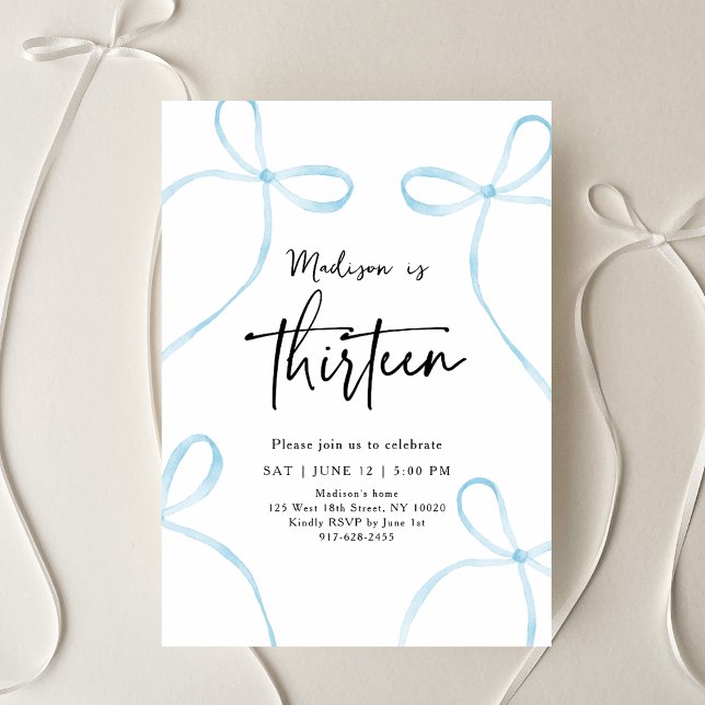 Invitation Délicate Bleue Bow Coquette 13e anniversaire (Créateur téléchargé)