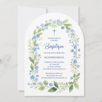 Invitation Delicate Blue Shades Floral Frame Arch Baptisme