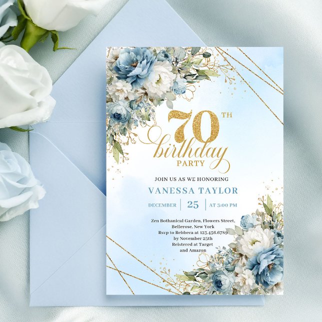 Invitation Delicate boho blue florals gold frame 70 birthday (Delicate boho blue florals gold frame 70th birthday

)