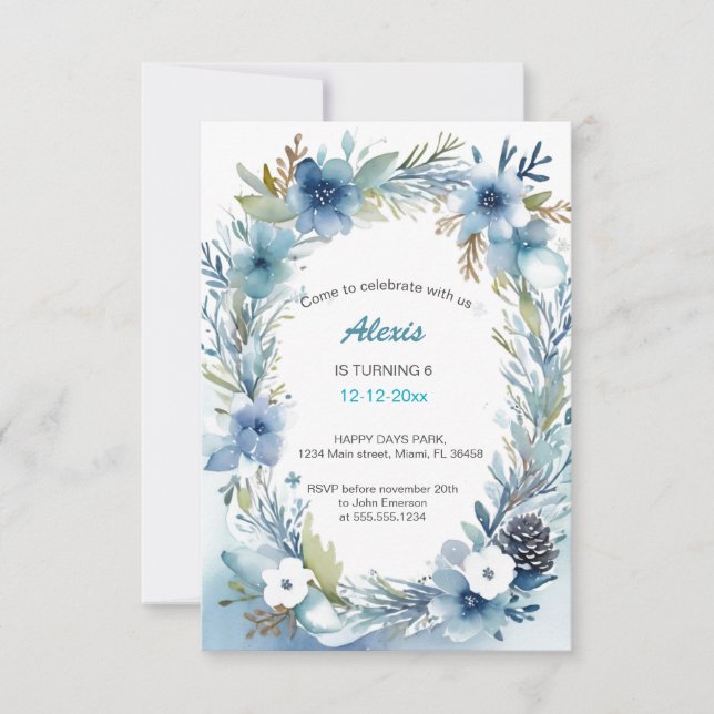 Invitation Délicate couronne florale bleu doux Anniversaire (Devant)