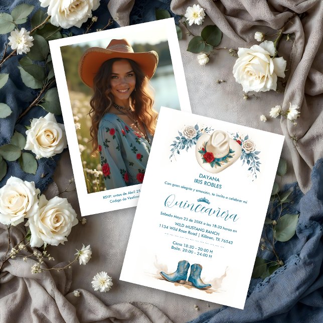 Invitation Delicate Elegant Coastal Cowgirl Boots & Hat XVs (Delicate Elegant Coastal Cowgirl Boots & Hat Quinceañera Invitation Cards.)