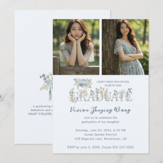 Invitation Delicate Ethereal Blue Floral 2 Photo Graduation