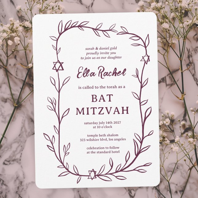 Invitation Délicate étoile botanique de David Bar Bat mitzvah (Delicate Botanical Star of David Bar Bat Mitzvah Invitation
Doodle Sketch Elegant Purple)