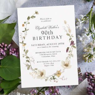Invitation Délicate fête féminine Fleur sauvage 90e anniversa