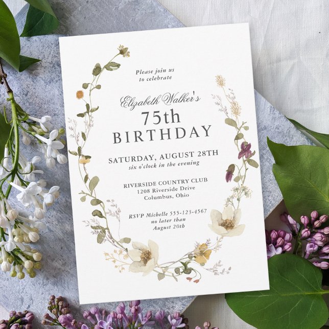 Invitation Délicate Fleur sauvage Feminine 75e anniversaire (This charming wildflowers botanical 75th birthday invitation is available as a digital download!)