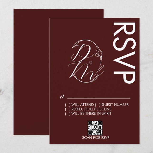 Invitation Delicate Floral Logo Wedding Burgundy RSVP Card (Devant / Derrière)