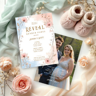 Invitation Delicate Floral Pink & Blue Shades Gender Reveal