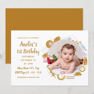 Invitation Delicate Gold Spash Photo Baby Premier anniversair