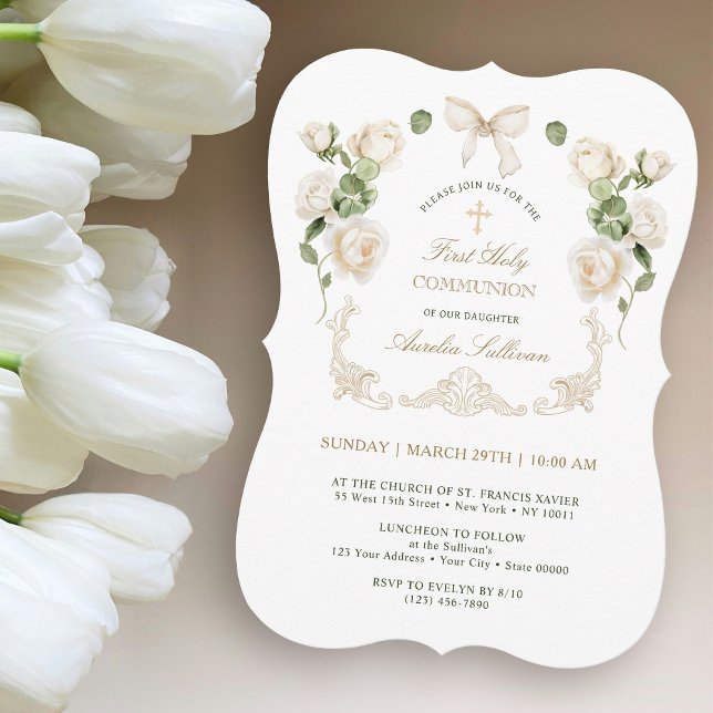 Invitation Delicate Ivory Roses Frame First Communion (Créateur téléchargé)