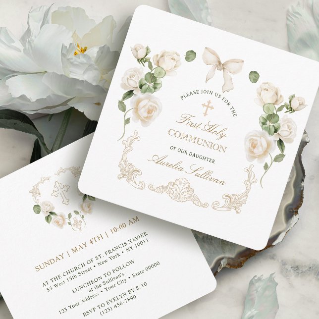 Invitation Delicate Ivory Roses Frame First Communion Small (Créateur téléchargé)