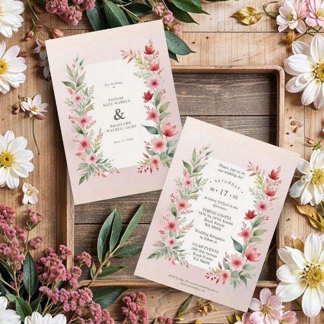 Invitation Delicate Pink Shades Cherish Botanical Wildflowers (Delicate Pink Shades Cherish Botanical Wildflowers Branches Wedding Invitations Cards.)