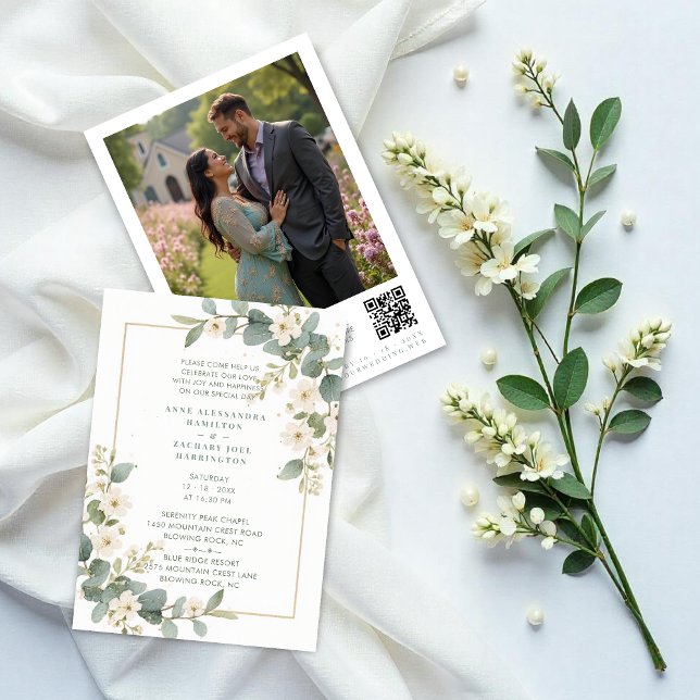 Invitation Delicate Romantic Flowers & Branches Frame Wedding (Delicate Romantic Flowers and Branches Frame Wedding Invitation Cards with Back Photo and QR Code.)