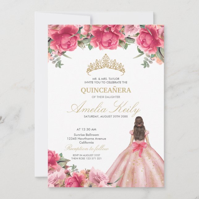 Invitation Delicate rose Floral Princesse Rose Gold Quinceañe (Devant)
