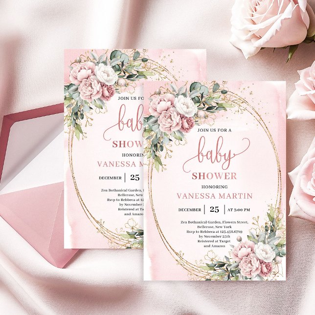 Invitation Delicate Rose Gold Flowers Eucalyptus Baby Shower  (Delicate Rose Gold Flowers Eucalyptus Baby Shower Girl)