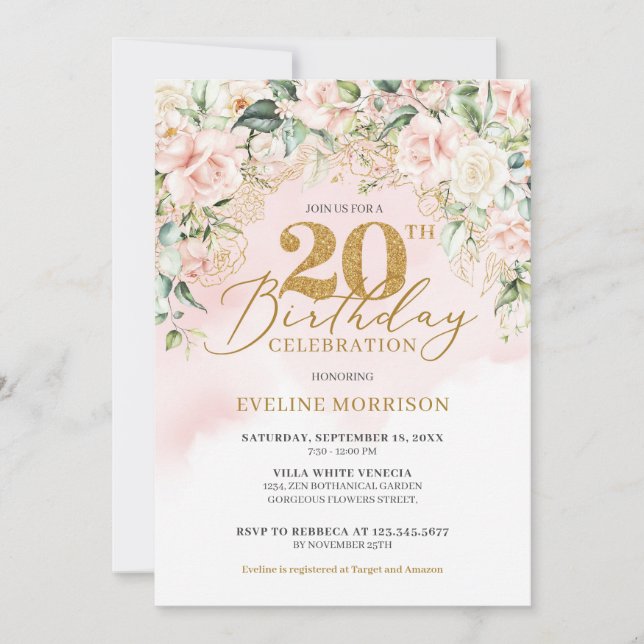 Invitation Delicate rose pâle rose or vert 20e anniversaire (Devant)